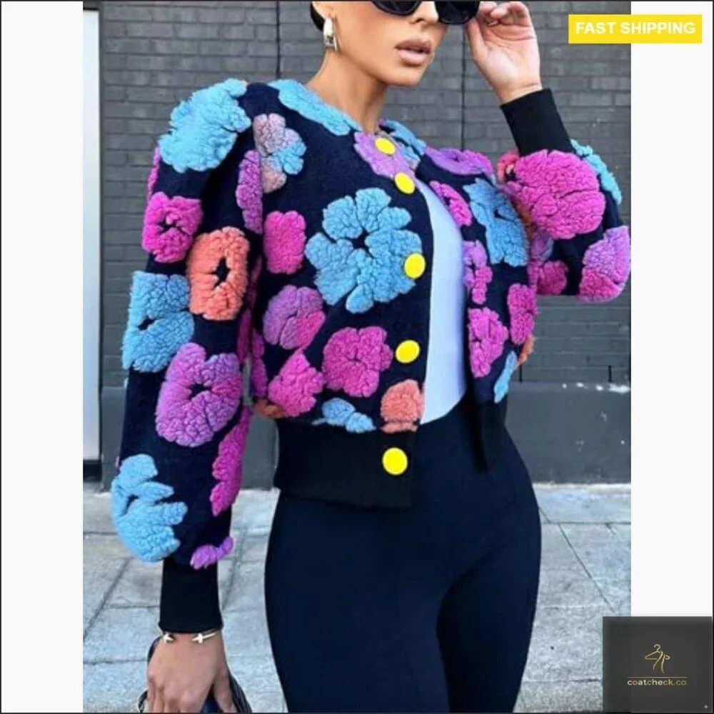 Cropped Fleece Bomber Jacket Puff Sleeve Floral Print Button Down